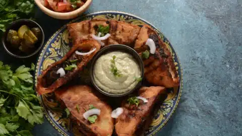 עראיס מוכן פיתה עם בשר טחון מוגש עם טחינה