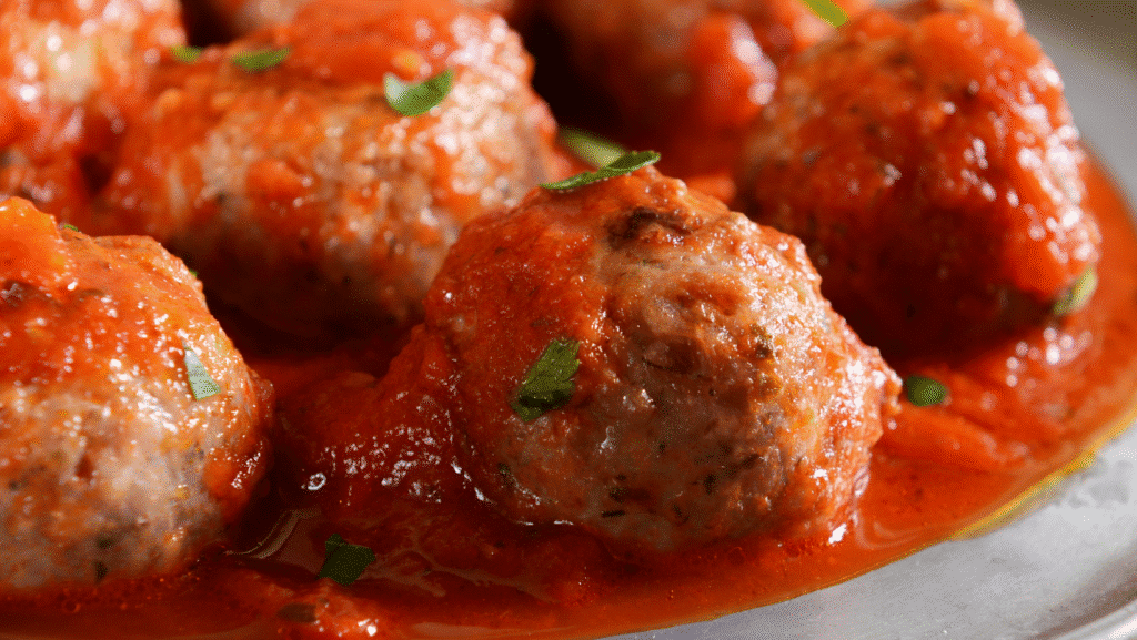 קציצות עוף מרוקאיות בצלחת ברוטב אדום